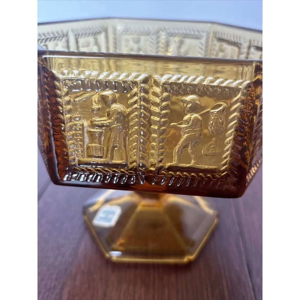 Vintage Imperial Glass Springerle Amber Pedestal Compote Candy Dish With Sticker